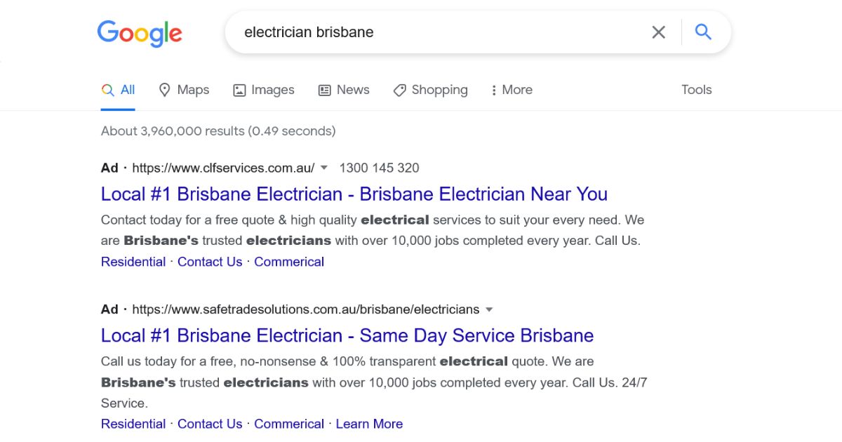 Google Ads for small business Google Search electrician Brisbane